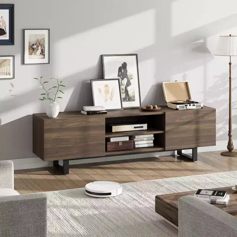 Mobile TV industriale COZONY con 2 cassetti, mobile porta TV in legno naturale con gambe robuste per soggiorno