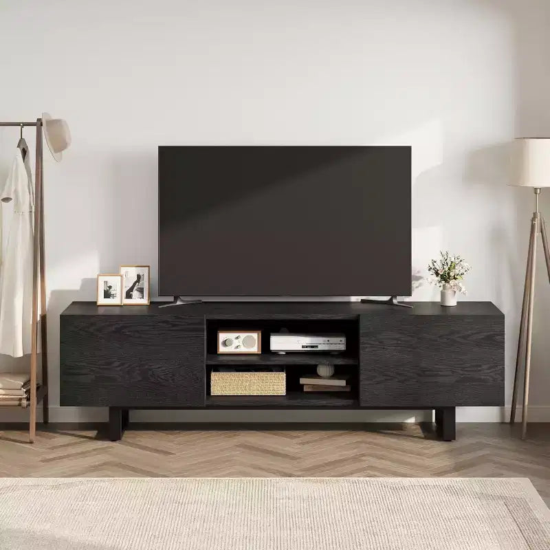 Mobile TV industriale COZONY con 2 cassetti, mobile porta TV in legno naturale con gambe robuste per soggiorno