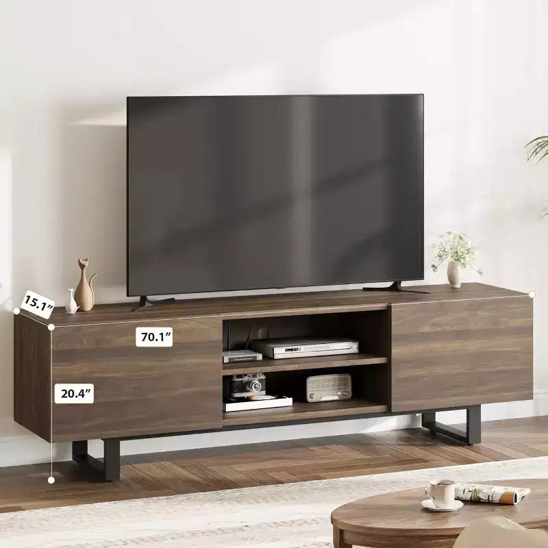 Mobile TV industriale COZONY con 2 cassetti, mobile porta TV in legno naturale con gambe robuste per soggiorno