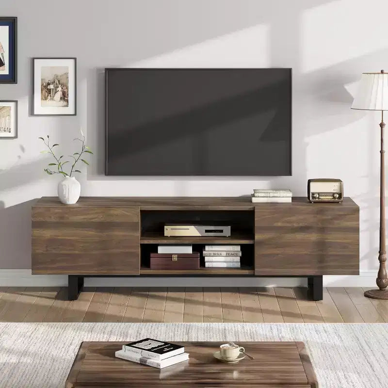 Mobile TV industriale COZONY con 2 cassetti, mobile porta TV in legno naturale con gambe robuste per soggiorno