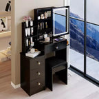 Comodino moderno Okak, toeletta con specchio LED Touch Control, scrittoio con sgabello imbottito, set tavolo da trucco per camere da letto