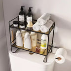 Mensola portaoggetti da bagno sopra il WC, organizer da bagno a 2 ripiani con portarotolo e 2 ganci, mensola organizer da parete dietro il WC