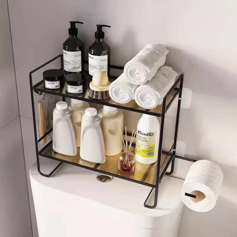 Mensola portaoggetti da bagno sopra il WC, organizer da bagno a 2 ripiani con portarotolo e 2 ganci, mensola organizer da parete dietro il WC