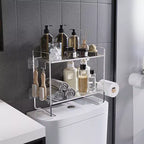 Mensola portaoggetti da bagno sopra il WC, organizer da bagno a 2 ripiani con portarotolo e 2 ganci, mensola organizer da parete dietro il WC