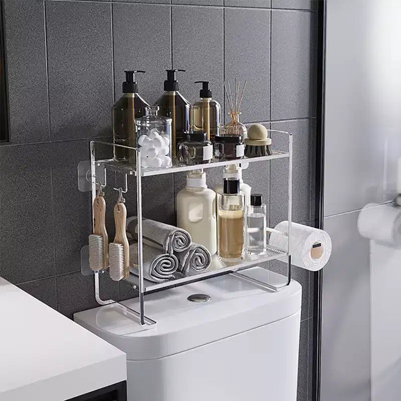 Mensola portaoggetti da bagno sopra il WC, organizer da bagno a 2 ripiani con portarotolo e 2 ganci, mensola organizer da parete dietro il WC