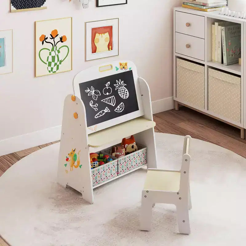 Costway Set Tavolo e Sedia per Bambini 4 in 1 con Lavagna Magnetica e Lavagna Portatile con Ripiano Naturale/Grigio