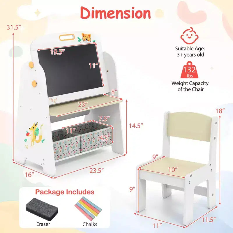 Costway Set Tavolo e Sedia per Bambini 4 in 1 con Lavagna Magnetica e Lavagna Portatile con Ripiano Naturale/Grigio