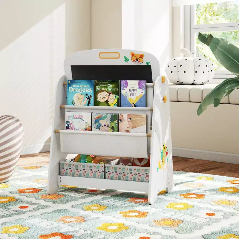 Costway Set Tavolo e Sedia per Bambini 4 in 1 con Lavagna Magnetica e Lavagna Portatile con Ripiano Naturale/Grigio