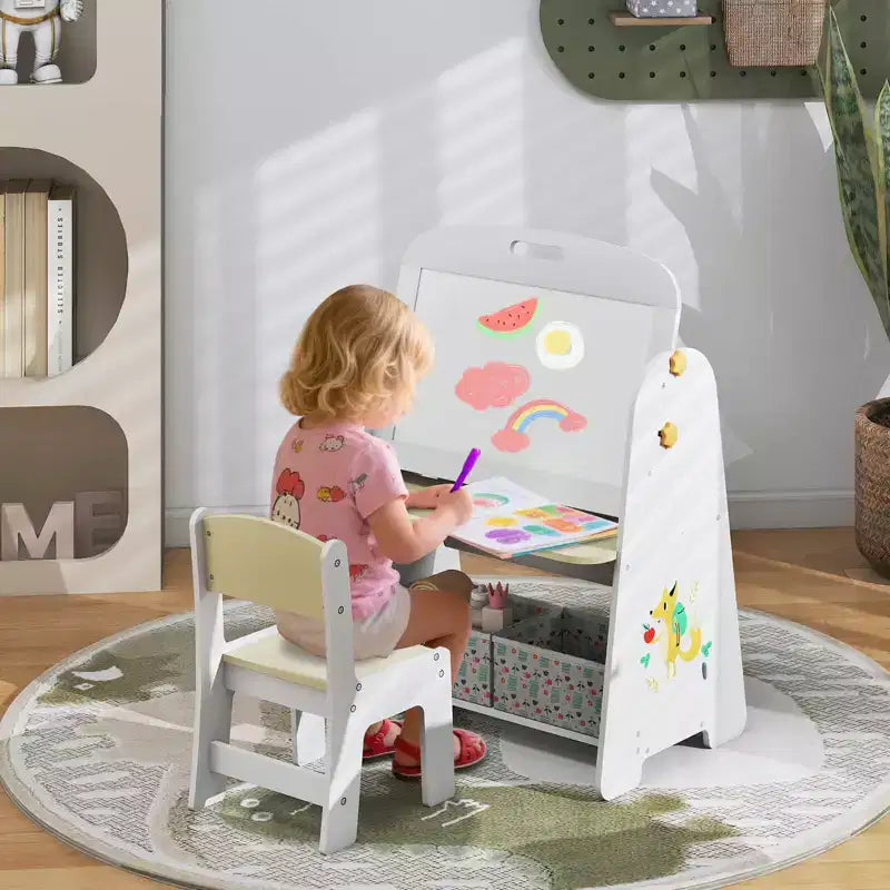 Costway Set Tavolo e Sedia per Bambini 4 in 1 con Lavagna Magnetica e Lavagna Portatile con Ripiano Naturale/Grigio