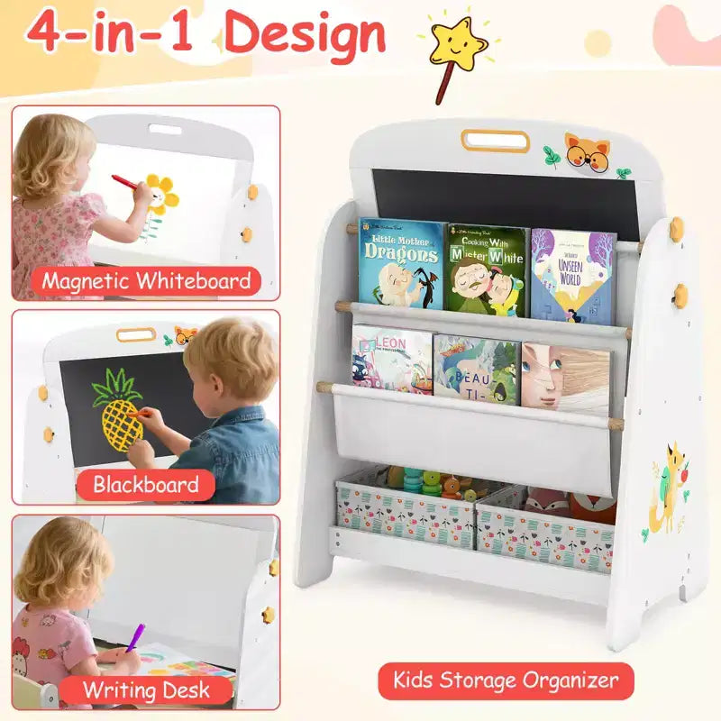 Costway Set Tavolo e Sedia per Bambini 4 in 1 con Lavagna Magnetica e Lavagna Portatile con Ripiano Naturale/Grigio