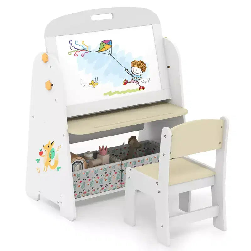 Costway Set Tavolo e Sedia per Bambini 4 in 1 con Lavagna Magnetica e Lavagna Portatile con Ripiano Naturale/Grigio