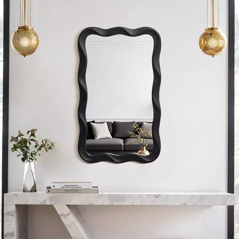 LuxenHome Specchio da parete rettangolare ondulato moderno in MDF nero, 35,4 A x 21,65 L, decorazione per la casa