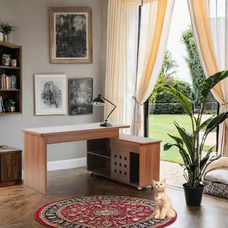 Scrivanie da ufficio Okak 55.1IN con ripiani, scrivania a L con altezza regolabile, tavolo pieghevole per soggiorno, camera da letto, studio, noce