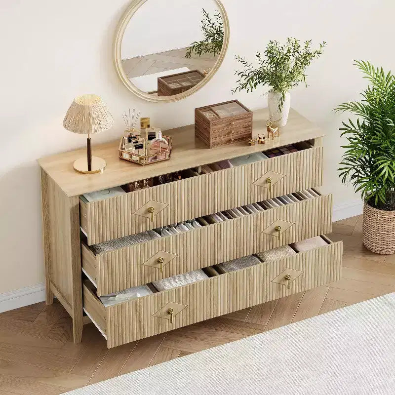 Cassettiera alta scanalata da 109 cm - Mobile contenitore in legno a 5 cassetti per camera da letto e soggiorno