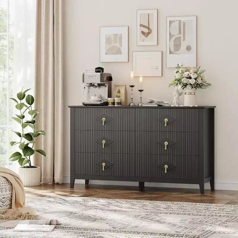 Cassettiera alta scanalata da 109 cm - Mobile contenitore in legno a 5 cassetti per camera da letto e soggiorno
