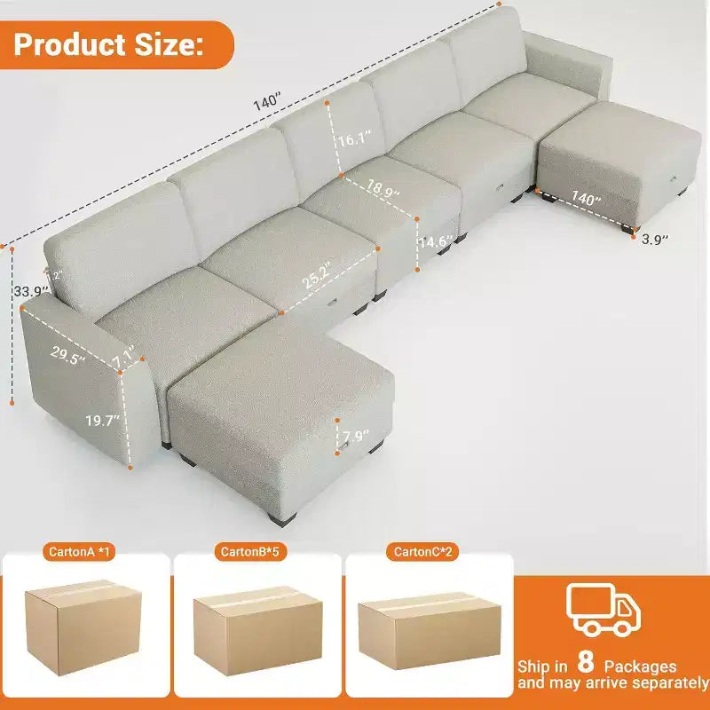 140 Divano Sezionale Grande a U con Pouf Chaise Longue, Divano Sezionale Modulare Convertibile con Pouf a 7 Posti per Soggiorno, Ufficio, Beige