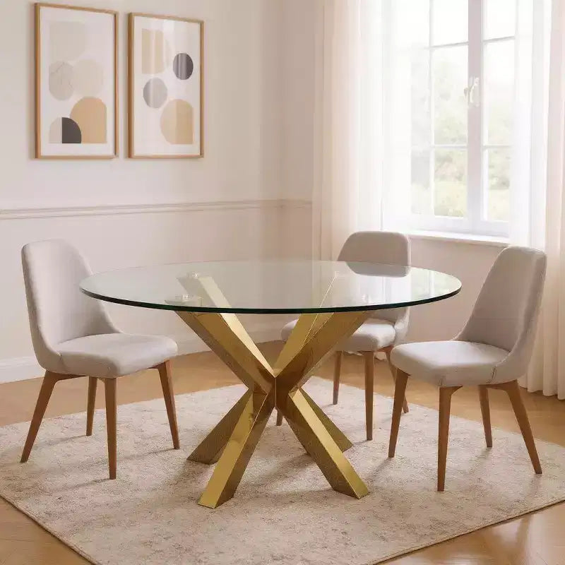 Tavolo da pranzo HomeRoots 54 con base a gambe incrociate in vetro e metallo color oro e ripiano rotondo