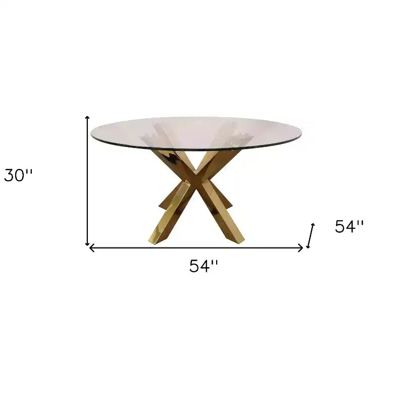 Tavolo da pranzo HomeRoots 54 con base a gambe incrociate in vetro e metallo color oro e ripiano rotondo