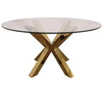 Tavolo da pranzo HomeRoots 54 con base a gambe incrociate in vetro e metallo color oro e ripiano rotondo