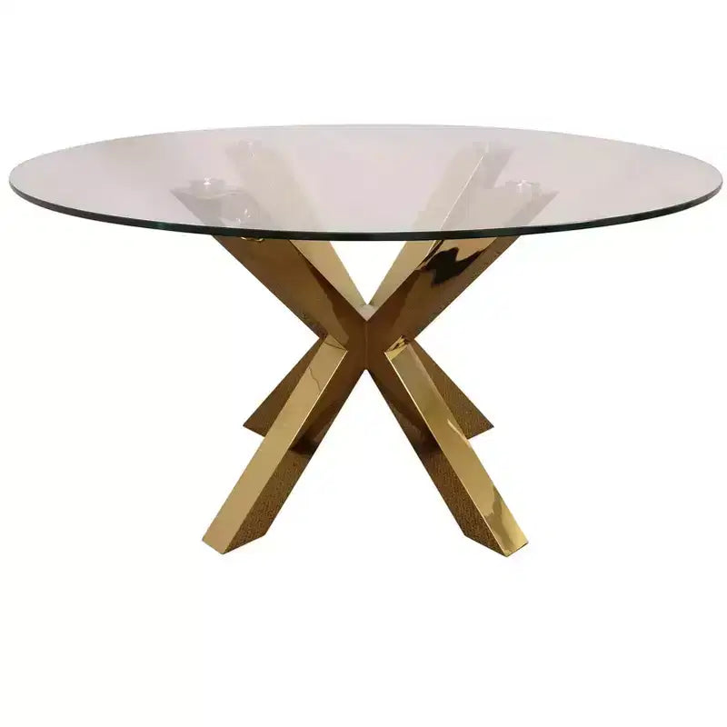Tavolo da pranzo HomeRoots 54 con base a gambe incrociate in vetro e metallo color oro e ripiano rotondo