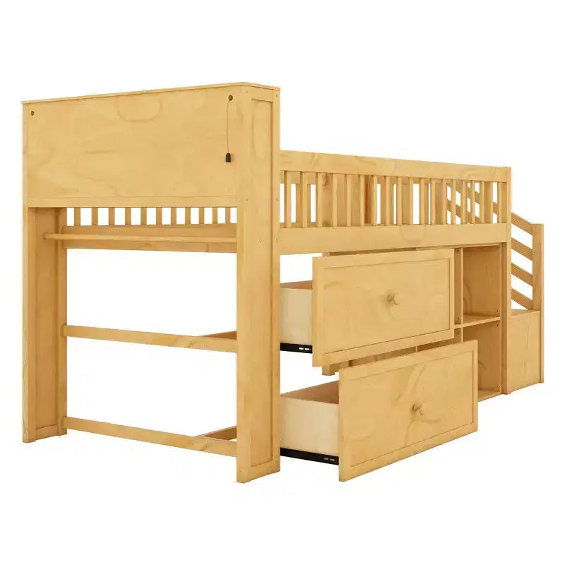 Letto a soppalco Whisen singolo con LED, libreria, scale, cassetti e ripiani, robusta struttura in legno massello