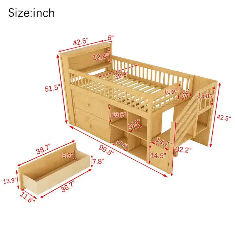 Letto a soppalco Whisen singolo con LED, libreria, scale, cassetti e ripiani, robusta struttura in legno massello