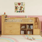 Letto a soppalco Whisen singolo con LED, libreria, scale, cassetti e ripiani, robusta struttura in legno massello