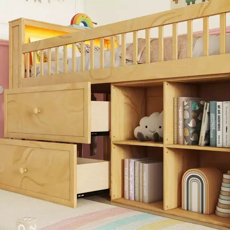 Letto a soppalco Whisen singolo con LED, libreria, scale, cassetti e ripiani, robusta struttura in legno massello