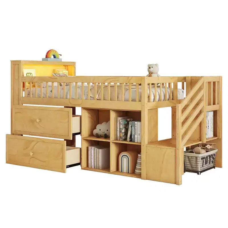 Letto a soppalco Whisen singolo con LED, libreria, scale, cassetti e ripiani, robusta struttura in legno massello