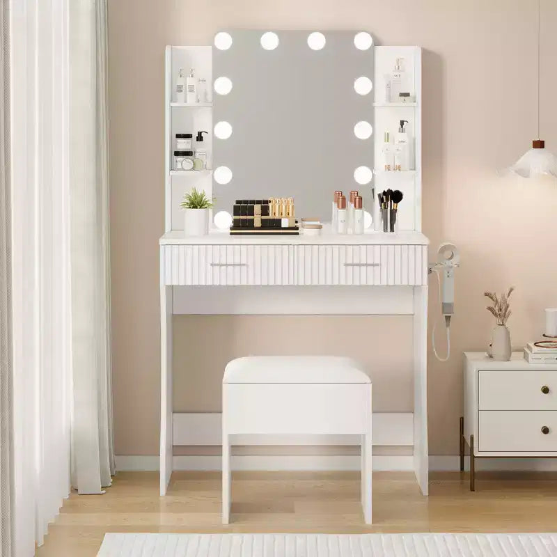 Garvee Toeletta Trucco con Specchio e 12 Luci LED, Tavolo da Trucco Moderno con Portaphon e Sgabello per Camera da Letto
