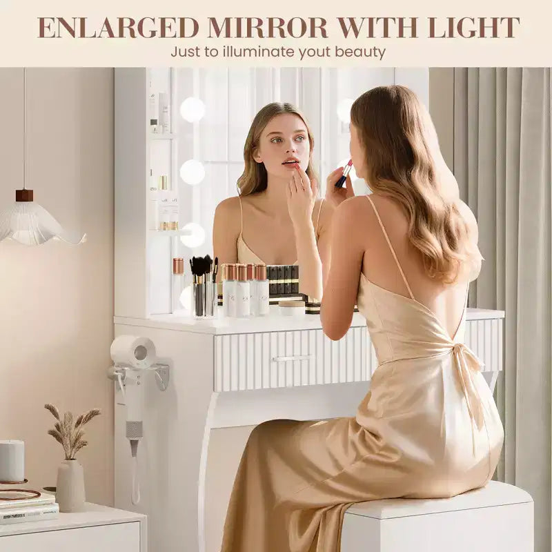 Garvee Toeletta Trucco con Specchio e 12 Luci LED, Tavolo da Trucco Moderno con Portaphon e Sgabello per Camera da Letto