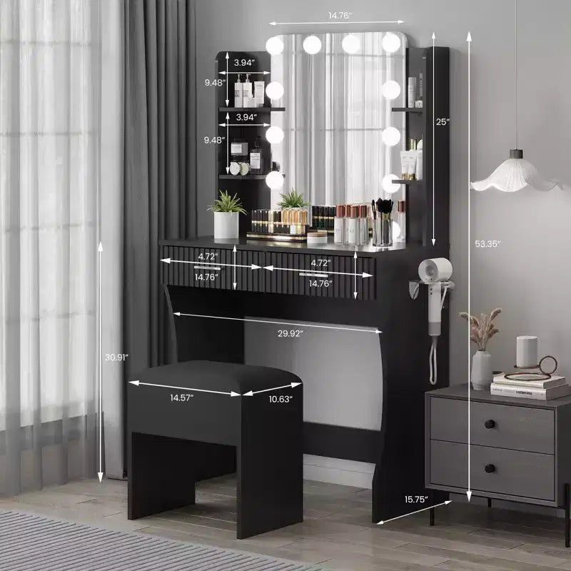Garvee Toeletta Trucco con Specchio e 12 Luci LED, Tavolo da Trucco Moderno con Portaphon e Sgabello per Camera da Letto