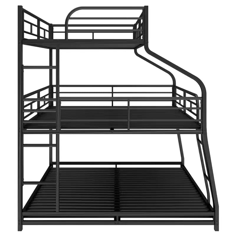 Letti a castello tripli in metallo Twin XL e Full XL sopra Queen per 3 bambini con scaletta integrata e sponde di sicurezza a tutta lunghezza