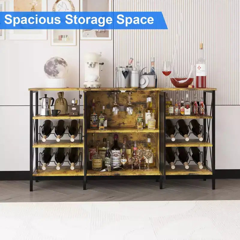 TruAIR Mobile bar da cucina in stile rustico con luci a LED, credenza industriale per caffè con portabottiglie e portabicchieri