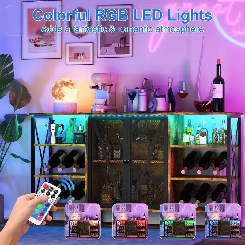 TruAIR Mobile bar da cucina in stile rustico con luci a LED, credenza industriale per caffè con portabottiglie e portabicchieri