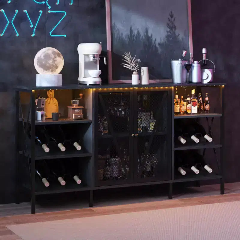 TruAIR Mobile bar da cucina in stile rustico con luci a LED, credenza industriale per caffè con portabottiglie e portabicchieri