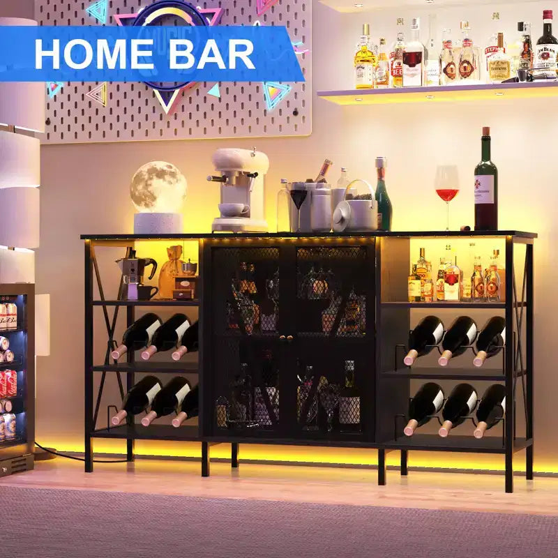 TruAIR Mobile bar da cucina in stile rustico con luci a LED, credenza industriale per caffè con portabottiglie e portabicchieri