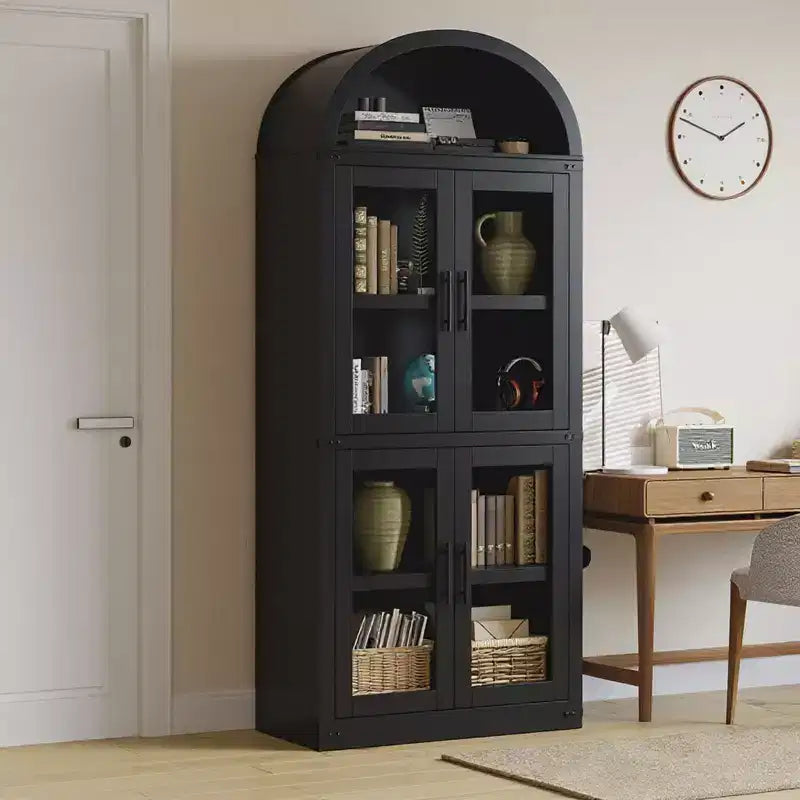 Libreria ad arco con ante Libreria rustica Profondità 40 cm Scaffali espositivi 181 cm di altezza Vetrina in legno Librerie arrotondate
