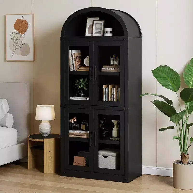 Libreria ad arco con ante Libreria rustica Profondità 40 cm Scaffali espositivi 181 cm di altezza Vetrina in legno Librerie arrotondate