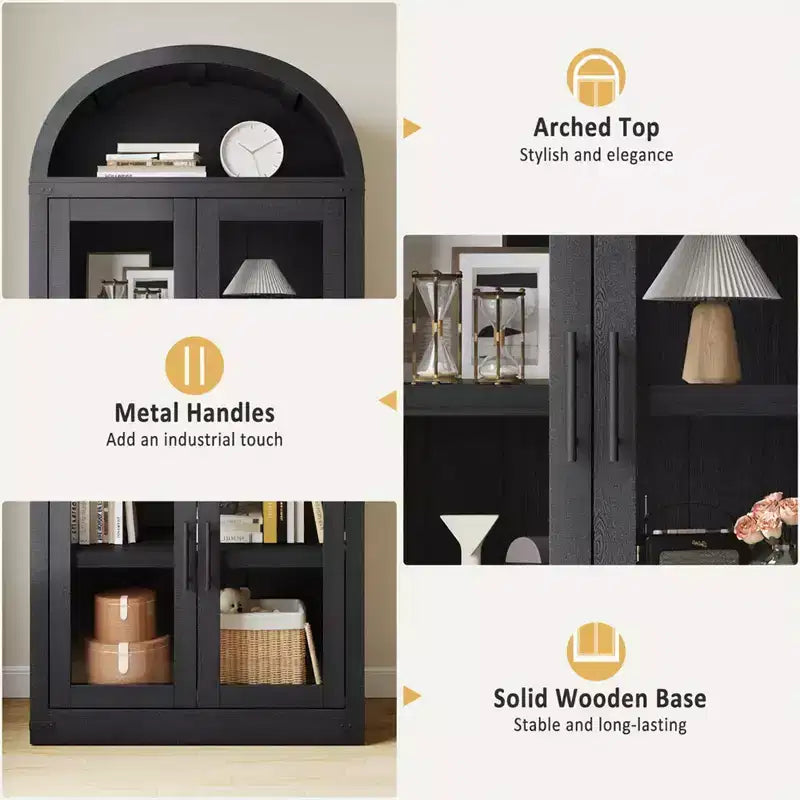 Libreria ad arco con ante Libreria rustica Profondità 40 cm Scaffali espositivi 181 cm di altezza Vetrina in legno Librerie arrotondate