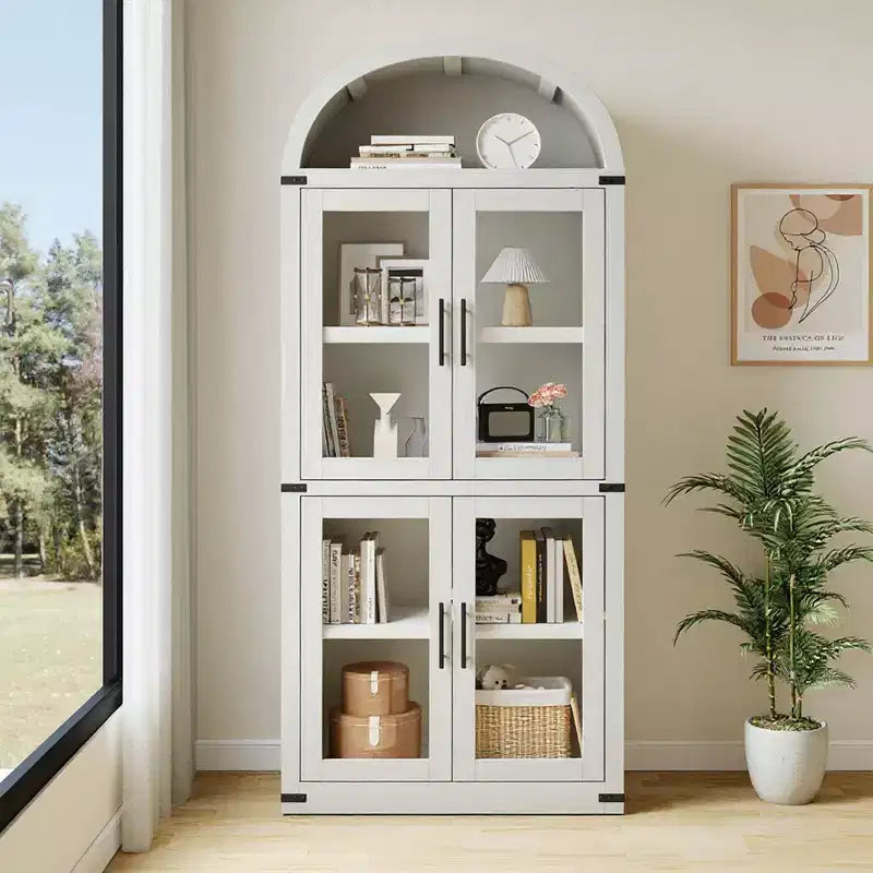 Libreria ad arco con ante Libreria rustica Profondità 40 cm Scaffali espositivi 181 cm di altezza Vetrina in legno Librerie arrotondate