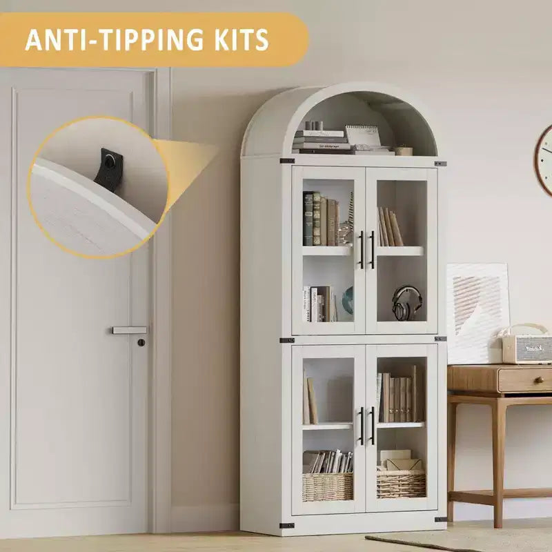 Libreria ad arco con ante Libreria rustica Profondità 40 cm Scaffali espositivi 181 cm di altezza Vetrina in legno Librerie arrotondate