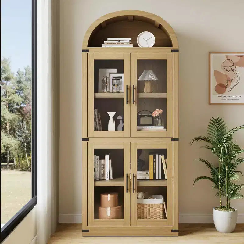 Libreria ad arco con ante Libreria rustica Profondità 40 cm Scaffali espositivi 181 cm di altezza Vetrina in legno Librerie arrotondate