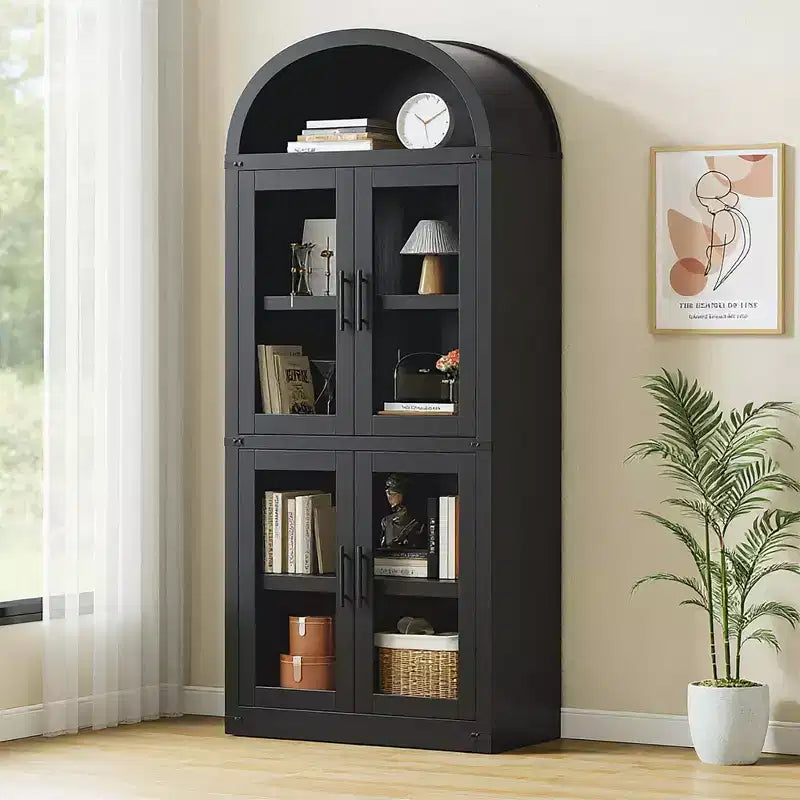 Libreria ad arco con ante Libreria rustica Profondità 40 cm Scaffali espositivi 181 cm di altezza Vetrina in legno Librerie arrotondate