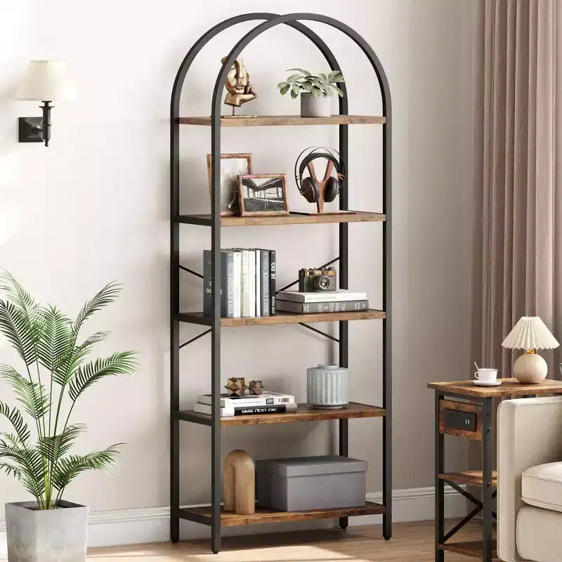 Libreria a 5 Ripiani con Arco, Scaffale Espositivo Alto, Struttura in Metallo, Libreria a Giorno, Grande Scaffale Nero per Camera da Letto
