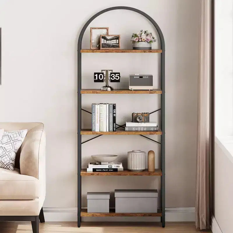 Libreria a 5 Ripiani con Arco, Scaffale Espositivo Alto, Struttura in Metallo, Libreria a Giorno, Grande Scaffale Nero per Camera da Letto