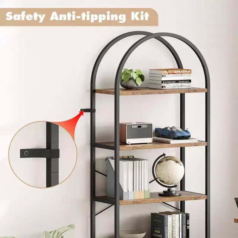 Libreria a 5 Ripiani con Arco, Scaffale Espositivo Alto, Struttura in Metallo, Libreria a Giorno, Grande Scaffale Nero per Camera da Letto