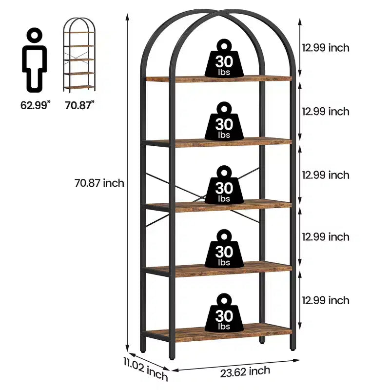 Libreria a 5 Ripiani con Arco, Scaffale Espositivo Alto, Struttura in Metallo, Libreria a Giorno, Grande Scaffale Nero per Camera da Letto