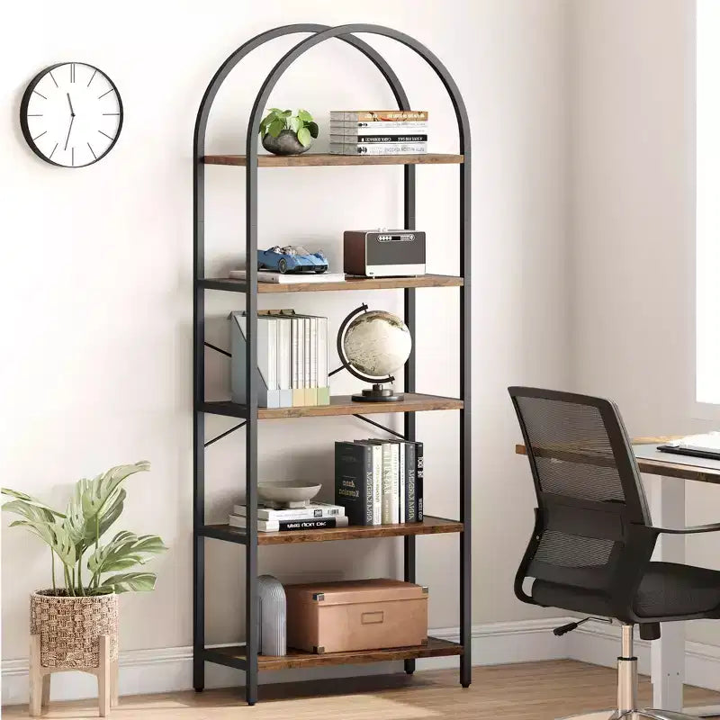 Libreria a 5 Ripiani con Arco, Scaffale Espositivo Alto, Struttura in Metallo, Libreria a Giorno, Grande Scaffale Nero per Camera da Letto