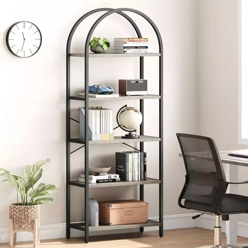 Libreria a 5 Ripiani con Arco, Scaffale Espositivo Alto, Struttura in Metallo, Libreria a Giorno, Grande Scaffale Nero per Camera da Letto